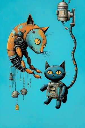 A whimsical art design. Close-up image of a robot hand feed a cat. A blue, worn, rusted in places robotic mechanical arm, with warning labels warning of danger, holds a silver herring by the tail, hanging vertically upside down. A black fluffy cat looks at the fish with big eyes with pleasure. light azure solid background, creative illustration, conceptual art, dadaism