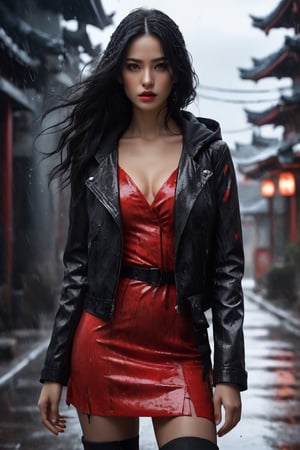 A captivating, fantasy portrait of a confident woman standing tall in the rain, exuding an enigmatic aura. She dons a black leather jacket, a red dress, and high black boots, with dark eyes and flowing loose black hair cascading down the left side of the canvas ink splash art piece featuring a strong female figure clad in a fiery red dress and a black hooded leather jacket. The contours of her face and body are boldly defined by expressive, sharply etched strokes, creating a striking contrast to her vibrant attire. The background is a whirlwind of turbulent energy, with a stormy sky and sea displaying stark lines and vivid hues. Waves crash dramatically against the shore, and the woman stands unwavering, embodying resilience, determination, and inner strength amidst the chaotic environment, ukiyo-e, dark fantasy, cinematic, poster, painting, photo, architecture, product, wildlife photography, typography, 3d render, illustration, vibrant, anime, conceptual art, graffiti, fashion, portrait photography.