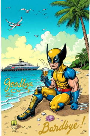 A whimsical and enchanting illustration of chibi Wolverine. He is sitting on the edge of a private and luxurious beach. He is enjoying a glass of fine Scotch whiskey. Heis wearing a pair of Rayban sunglasses. luxurious beach setting. The sky is a hypnotic mix of sun and clouds, with a plane flying overhead, a large luxury yacht parked at the pier, and birds flying nearby. The phrase "Goodbye to 20 Century Fox" is elegantly written in golden cursive letters at the bottom, adding a touch of fashion and elegance to the creative illustration.