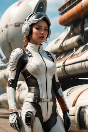 [three-quarter dynamic position::12], armed female figure in a white sci-fi suit (tight jumpsuit), at the spaceport, against the background of a sci-fi ship taking off, overcast, mask, sci-fi visor, sci-fi lens, sci-fi respirator, bald head, plate armor, isolated armor, third-person view from below, lots of fine detail, sci-fi movie style, photography, natural textures, natural light, natural blur, photorealism, cinematic rendering, ray tracing, highest quality, highest detail, Cinematic, Blur Effect, Long Exposure, 8K, Ultra-HD, Natural Lighting, Moody Lighting, Cinematic Lighting