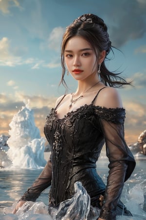 ((masterpiece)), ((best quality)), (((photo Realistic))), (portrait photo), (8k, RAW photo, best quality, masterpiece:1.2), (realistic, photo-realistic:1.3). A cheerful beautiful girl, dancing, drkms, (full body:1.1), on Thin Ice, drkms, water-bender, charybdis, dark,abstract, sharp focus, intricate detail, kris kuksi,natural beauty 