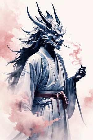 masterpiece drawing in a soft pink hue. A stunning and minimalist ink wash illustration of a samurai standing defiantly in front of a magnificent dragon. The samurai wears traditional armor, and his face is hidden behind a ritualistic mask. The dragon, with a fierce gaze, is portrayed with elegant strokes, using light white and dark gray tones. The background is simple and evokes a feeling of tranquility. The artwork is reminiscent of gongbi painting techniques, combining elements of witchcore and conceptual art, resulting in a breathtaking masterpiece.