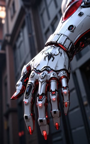 Ghibli studio anime style, a striking photo taken from a low-angle perspective, focus on the spiderman's hand. Spider-Man hybrid the style of Ultron, gleaming silver white armor with glitter lights and a hyper-realistic advanced joint parts, poised on mid-air, unreal engine-powered aesthetic. Casting unexpected super power.