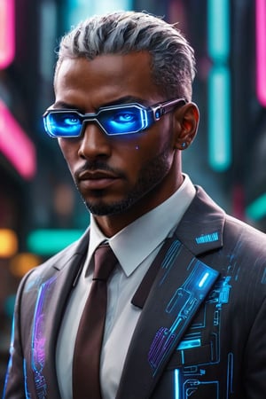 ((masterpiece)), ((best quality)), (((photo Realistic))), (portrait photo), (8k, RAW photo, best quality, masterpiece:1.2), (realistic, photo-realistic:1.3). A striking image of a cyberpunk protagonist, a black man with grey hair and robotic eyes, dressed in a sharp suit. His cybernetic eyes emit a cool blue light that contrasts with the dimly lit, neon-lit cityscape. Hovering vehicles and futuristic architecture fill the background, while a holographic 'Hal Cinah' signature is subtly integrated into the scene, hovering above his head. The overall atmosphere is bold, futuristic, and slightly dystopian.,digitalste,cyberpunk