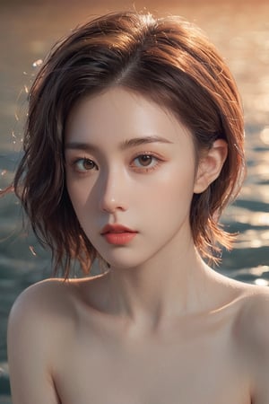 ((masterpiece)), ((best quality)), (((photo Realistic))), (portrait photo, back side view:1.2), (8k, RAW photo, best quality, masterpiece:1.2), (realistic, photo-realistic:1.3), ultra-detailed. Full body shot, well lit fashion shoot portrait. A captivating portrait photograph of a topless  young woman with red-tinted hair, partially submerged in water during a serene sunset. Her eyes are closed, and her head is bowed, as if she is taking a moment for introspection. The warm, golden light of the setting sun casts a soft glow on her face and hair, while the water around her gently ripples. The background is a stunning display of vibrant colors – orange, red, purple, and blue – creating a breathtaking sunset scene. The overall atmosphere is peaceful and contemplative, encapsulating a moment of solitude and reflection.,wetshirt,soakingwetclothes,water color,xxmixgirl,xxmix_girl