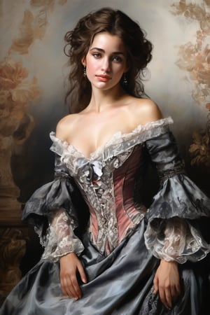 ((masterpiece)), ((best quality)), (((photo Realistic))), NSFW, baroque style drawing art, upper body view of beautiful adult french woman, wearing open low cut victorian era dress, sexy legs, detailed clothing, muted colors, shy smile on perfect face, small breasts, perfect nipples, perfect hands, medium big breasts, pretty boobs, ,dripping paint,epicDiP