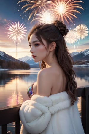 RAW photo featuring a stunning pretty girl with long brown hair tied in a bun, wearing a massive white off-the-shoulder fur jacket that barely covers her natural beautiful back. The 16K HDR image is set against a breathtaking backdrop of a lake at sunset, with fireworks exploding over snow-capped mountains. Cinematic sidelighting creates a warm tone, highlighting her divine presence as she leans over the railing, lost in thought. Iridescent scales on her body reflect vibrant colors, as if shards of glass have shattered around her.