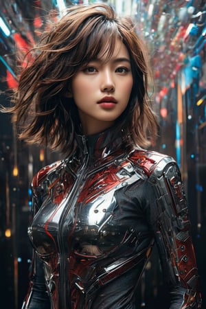 hyperrealistic, a masterpiece, (1girl), (full body), (futuristic sci-fi bodysuit), Beautiful young Korean woman, kpop idol, (Cute Loose Bob hairstyle), symmetrical eyes, realistic, sharp focus, HD, highly detailed, intricate, photography, hyperrealism, hyperrealistic, film, studio portrait, detail, dramatic lighting, (red lips), (small breasts), (toned stomach), smooth, sharp focus, art by Carne Griffiths and Wadim Kashin, unique design suit, award winning photography, masterpiece movie poster