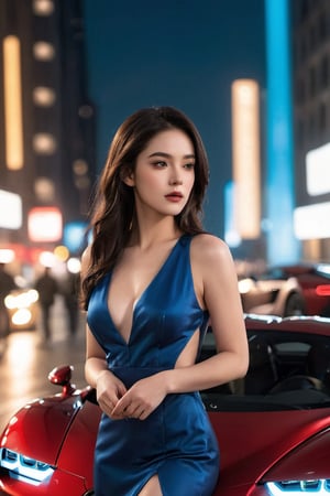 ((masterpiece)), ((best quality)), (((photo Realistic))), (portrait photo), (8k, RAW photo, best quality, masterpiece:1.2), (realistic, photo-realistic:1.3). A captivating cinematic photo of a sexy model and an exhilarating street race in a bustling, city night. Two sleek Bugatti sports cars, one deep blue Chiron and the other daring red and black Veyron, race neck-and-neck, finishing with a dramatic stop side by side. At the heart of the action, a sophisticated and self-assured young woman with cascading hair raises a white handkerchief in one hand, signaling the start of the race. The towering cityscape with its lights casts a kaleidoscope of colors onto the scene, heightening the electrifying atmosphere.