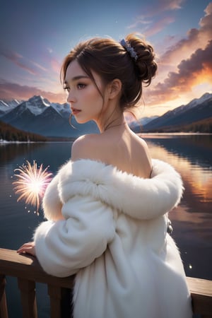 RAW photo featuring a stunning pretty girl with long brown hair tied in a bun, wearing a massive white off-the-shoulder fur jacket that barely covers her natural beautiful back. The 16K HDR image is set against a breathtaking backdrop of a lake at sunset, with fireworks exploding over snow-capped mountains. Cinematic sidelighting creates a warm tone, highlighting her divine presence as she leans over the railing, lost in thought. Iridescent scales on her body reflect vibrant colors, as if shards of glass have shattered around her.