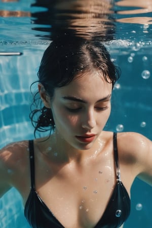 A young woman submerged in water, with her eyes closed and her hands gently placed on her face, wearing glossy black latex bikini. The water's surface creates a rippled effect, reflecting the woman's features. Many little bubbles can be seen around her, and her skin and latex clothing appear to be glistening, possibly due to the water's natural properties or the lighting. The background is a deep shade of blue, emphasizing the serene and tranquil atmosphere of the scene.