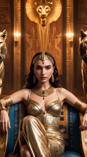 A captivating movie scene of the enigmatic Egyptian princess Cleopatra acted by gal gadot, elegantly seated on an ornate royal sofa adorned with intricate patterns. She wears revealing clothing embellished with gold and jewels, exuding an air of sophistication and power. Cleopatra is positioned between a majestic lion and a lioness, her arms gently wrapped around the beasts, displaying her command over the fierce creatures. The background is a lavish Egyptian throne room, filled with rich tapestries and exquisite architecture, casting a golden hue over the scene. The detailed, realistic portrayal of the characters and setting makes this an exquisite masterpiece.,cinematic style,xxmix_girl,photo r3al