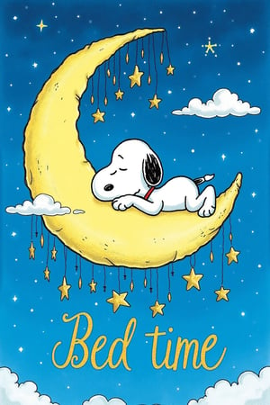 A whimsical and enchanting illustration of Snoopy peacefully sleeping on a crescent moon adorned with golden stars. The moon is surrounded by some fluffy white clouds and cascading stars, creating a celestial backdrop. The starry sky exudes a sense of serene tranquility. The phrase "Bed Time" is elegantly written in golden cursive letters at the bottom, adding a touch of fashion and elegance to the creative illustration.