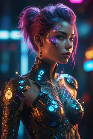 A captivating conceptual art piece featuring a hybrid-colored, futuristic young lady with a wild and alluring style. The gorgeous character is adorned in an intricate and vibrant body art design, which is accentuated by the high-quality 3D render and HDR lighting. The overall aesthetic is a blend of cyberpunk and avant-garde, with a touch of surrealism, creating a striking visual experience.