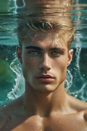 ultra-photorealistic, surreal, (masterpiece). A realistic photo of an attractive tan blonde, fit muscles man, with thick beautiful dark eyebrows, strong facial, he has a short fade haircut, high cheek bones, light grey eyes, he is showing his upper body, detailed, complex, a water bender surrounded by green water spouts, magical scene, dynamic pose, floating hair, art by MSchiffer, water drops, magical glow, fantasy art, surreal, detailed glossy lips, ((martial arts pose:1.1)), ocean, waterbending, waterbender, water slices, glowy, hyperdetailed face, green splash, textured wet skin.