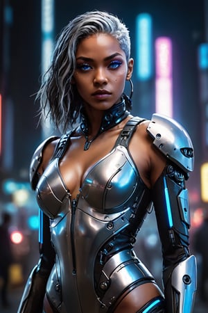 ((masterpiece)), ((best quality)), (((photo Realistic))), (portrait photo), (8k, RAW photo, best quality, masterpiece:1.2), (realistic, photo-realistic:1.3). A striking image of a cyberpunk protagonist, a gorgeous sexy black woman with grey hair and robotic eyes, dressed in a sharp glass suit. Her cybernetic eyes emit a cool blue light that contrasts with the dimly lit, neon-lit cityscape. Hovering vehicles and futuristic architecture fill the background, while a holographic The overall atmosphere is bold, futuristic, and slightly dystopian.,Cyberpunk Doctor,digitalste,Cyberpunk Clothing,cyberpunk