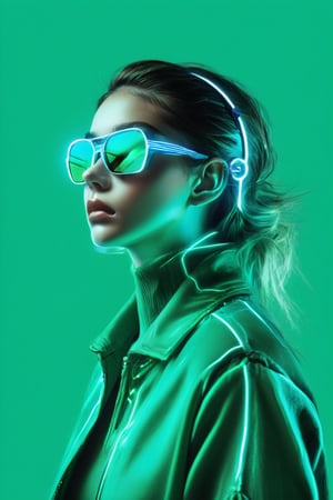 ((masterpiece)), ((best quality)), (((photo Realistic))), (8k, RAW photo, best quality, masterpiece:1.2), (minimalist). A captivating side profile portrait of a young fashionable woman, predominantly using electric blue and neon green hues. The subject dons futuristic, angular sunglasses with reflective green lenses, which perfectly complement the vibrant green background. Their sleek headphones, featuring alternating blue and green stripes, rest comfortably over their ears. The subject's skin is accentuated with bold, contrasting blue and green tones, emphasizing their sharp facial features, neck, and shoulder. The composition is framed by a large, luminous green circle, creating a striking visual contrast between the subject and the vivid backdrop.