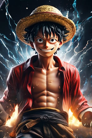 hyperrealistic, a masterpiece live-action movie poster. A breathtakingly realistic image of Monkey d. Luffy in his God Nika form, radiating an otherworldly aura. Showcase his chiseled physique, wild curly hair, and beaming smile. Utilize advanced techniques to capture subtle lighting, texture, and divine attire details. Exude an atmosphere of awe-inspiring wonder, as if Luffy is about to unleash divine energy. Bring this extraordinary visual to life with 3D rendering and meticulous attention to detail.