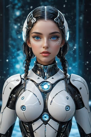 hyperrealistic, a masterpiece, (1girl), (full body), (futuristic sci-fi glassy body with gleam white mecha), Beautiful young girl, symmetrical eyes, realistic facial expression, sharp focus, HD, highly detailed l. Birth of Venus, with pure white shiny translucent Egyptian Arab skin android with large tribal tattoo, digital tattoos and cyberware augments on a deep sea of stars and nebula, Botticelli style, blue crystal eyes, advanced humanoid robot, braided hair. heavy snowing ice kingdom background.