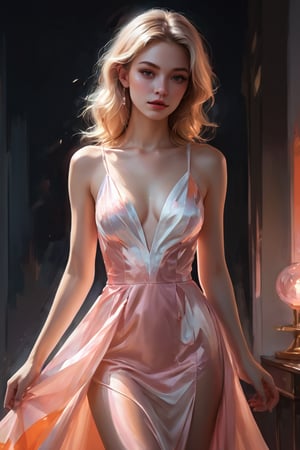 A breathtaking high-resolution digital painting by Artgerm and Augusto, masterfully blending the artistic styles of Guweiz and Alexey Egorov. The centerpiece of the composition is Angelica, a 21-year-old tall, preppy light blonde woman. She is dressed in a pastel white, pink, and orange thin silk Emilio Pucci slip dress. She captivates the viewer with her inviting pose, leaning forward with her hands together, exuding a playful charm. The artwork showcases exquisite details and flat shading, resulting in a vivid color palette that incorporates a pastel swirl of white, pink, and orange in the background, matching Angelica's dress.