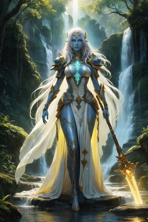 A captivating wide-shot fantasy art piece featuring a stunningly detailed and photorealistic nude Vedalken female cleric. Her striking blue skin is illuminated by glowing particles, adding a mystical aura to the composition. Her long, white hair flows gracefully, contrasting with her vibrant skin tone. Her intense green eyes convey profound depth and wisdom.
Armed with a glowing yellow mace adorned with magical symbols, the cleric stands at the base of a breathtaking waterfall, which adds a natural and dynamic element to the scene. The lush fantasy landscape in the background enhances the overall mood with its vibrant, magical atmosphere. The artwork is presented in ultra-high resolution (16k), focusing on photorealistic quality to capture every detail, from the wet textures of her skin to the shimmering reflections of the water.