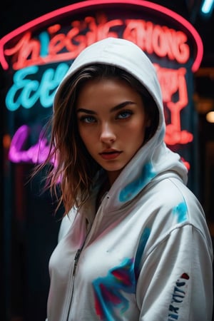 hyperrealistic, best quality, masterpiece, analog film photo, studio lighting. A captivating photo of a young alluring woman dressed in a white hoodie, white jeans, and white sports shoes. She stands boldly against a dark, enigmatic background, creating a sense of mystery. The main focus of the image is a vibrant neon sign in the foreground, reading 'Fight'. The sign is a brilliant gradient of colors, transitioning from red to blue, casting a mesmerizing reflection on the ground. A captivating black ink art piece on a pristine white background features a face formed by bold, spaced-out ink spots. The central focus is a pair of intricately detailed leopard eyes and part of the muzzle, with the white background accentuating the negative space between the spots. The vibrant and bold design demonstrates that simplicity can create a truly mesmerizing visual effect. 