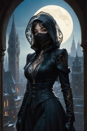 A mysterious female assassin, his half-lower face concealed by a translucent black veil. Her sexy attire is intricately detailed decorated with gleam patterns, featuring a high-collared coat and ornate gloves, with stockings that add to his enigmatic allure. Outer glow around the protagonist to distinguish him from the background. mute the background to distinguish it from the protagonist. Perched on a gargoyle, she gazes out over a cityscape of towering, gothic buildings silhouetted against a moonlit sky. A meticulously detailed, hyper-realist illustration in the style of Norman Rockwell, Jeremy Mann, Dungeons & Dragons, Moebius,and Steve Hanks