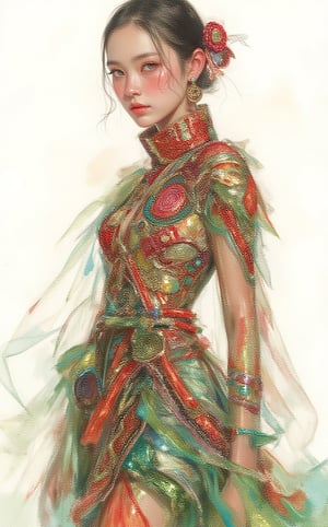 A striking watercolor painting of a young woman wearing an avant-garde dress inspired by Dayak beaded textile motifs from Borneo. The stunning shiny outfit features a modern silhouette that blends and combines traditional elements with contemporary fashion, showcasing bold geometric patterns and vibrant colors drawn from the rich Dayak textile heritage. The outfit consists of a flowing, asymmetrical dress that cascades elegantly, adorned with intricate beadwork and embroidery that reflect the natural motifs of the Dayak culture, such as spirals, birds, and plants. The bodice of the dress is structured and form-fitting, made of a shimmering fabric that captures light and enhances the vibrant colors of the beads. Layers of translucent materials create depth and movement, with cascading details that mimic the flowing patterns found in traditional Dayak textiles. The color palette is rich and diverse, featuring deep reds, lush greens, and electric blues, interspersed with glimmers of metallic gold and silver.