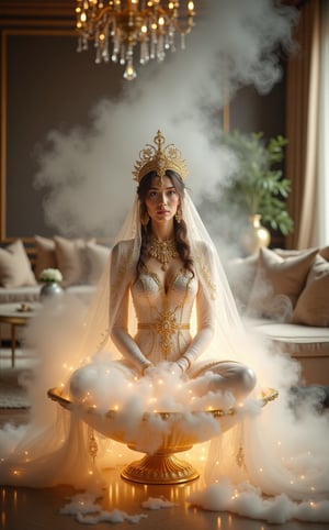 A stunning Arabian girl in an elaborate princess costume, sit cross-legged gracefully emerging from a magical lamp, surrounded by swirling white thick smoke. Magic lamp female genie. Rich, realistic colors with a focus on gold and white, showcasing intricate details of the transparent costume and smoke. In a well designed modern living room, with elegant furniture and a sophisticated decor style, highlighting the contrast between the magical and the contemporary. Highly detailed textures, accurate lighting, and realistic shadowing that enhance the three-dimensional effect. The girl's expression is serene and enchanting, and the smoke is depicted with realistic wisps and movement, adding to the magical atmosphere.