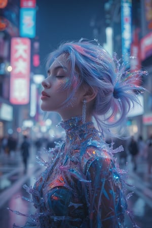 dystopian future city 2047, a young woman pauses, standing still while everything around her moves in a blur of energy and color. Her eyes are closed, and she is deeply attuned to an inner rhythm, unaffected by the chaos around her. The image conveys how life pulses with an unstoppable energy, and no matter the noise or rush, she is centered in her own flow, a symbol of inner peace in a fast-moving world. Non-representational, vibrant colors and shapes, expression of feelings, imaginative, highly detailed.