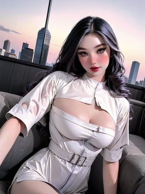 lustful, thigh up body, 1girl, ((masterpiece)), ((best quality)), (((photo Realistic))), A stunning, super-realistic 3D render of a young, twenty-year-old woman with violet hair, dark mascara, and pink lipstick. She wears a casual outfit of a white shirt and jeans, holding a sketchbook filled with names, hinting at her artistic or architectural talents. The background features a breathtaking city skyline, bathed in the warm hues of a vibrant sunset. This highly detailed 8K quality 3D image captures the essence of a cinematic, photo-like scene in the heart of the city.