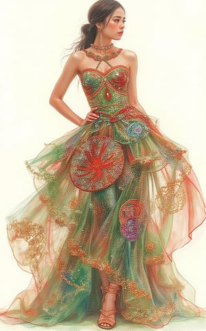 A striking watercolor painting of a young woman wearing an avant-garde dress inspired by Dayak beaded textile motifs from Borneo. The stunning shiny outfit features a modern silhouette that blends and combines traditional elements with contemporary fashion, showcasing bold geometric patterns and vibrant colors drawn from the rich Dayak textile heritage. The outfit consists of a flowing, asymmetrical dress that cascades elegantly, adorned with intricate beadwork and embroidery that reflect the natural motifs of the Dayak culture, such as spirals, birds, and plants. The bodice of the dress is structured and form-fitting, made of a shimmering fabric that captures light and enhances the vibrant colors of the beads. Layers of translucent materials create depth and movement, with cascading details that mimic the flowing patterns found in traditional Dayak textiles. The color palette is rich and diverse, featuring deep reds, lush greens, and electric blues, interspersed with glimmers of metallic gold and silver.