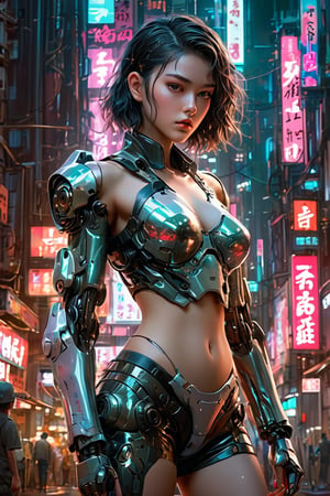 hyperrealistic, a masterpiece, (1girl), (full body), (futuristic sci-fi glassy transparent bikini mecha), Beautiful young girl, (Cute Loose Bob hairstyle), symmetrical eyes, realistic, sharp focus, HD, highly detailed, the background is a neon cityscape with giant robot head in the style of ghost in the shell, Hajime Sorayama, anime aesthetic, vaporwave, cyberpunk setting, japanese signs and billboards, high contrast, hyper realistic, reflections, cinematic, retrofuturism, at night, red lights and neon lights.