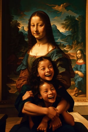 Two children are laughing on Mona Lisa's lap, pulling her hair
