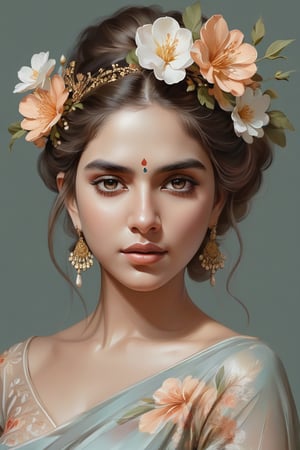 An elegant digital painting features a woman adorned with flowers in her hair, showcasing stunning beauty in this exquisite digital illustration. Capturing intricate details, this gorgeous digital art portrait radiates grace and allure, embodying the essence of feminine charm. With meticulous attention to detail, this beautiful fantasy-style portrait is rendered in a unique "lookover" style, showcasing the artist's mastery of digital illustration techniques.,Indian