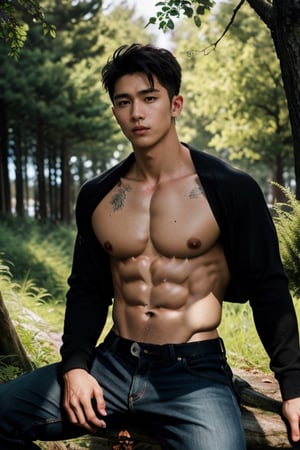 young boy, 18 years old ("big muscle and abs": sharping), big chest, big pec, lfit body, sitting behind a bush, covered with leaves and branches of trees, full face ratio, full mouth and nose ratio non-deformation, brown eyes, improved light and color, color adjusted by lightroom, acne and freckle, full-body photography, taken by Canon 6D mark VII, refined with Hasselblad software, realism photos, real-life photos, 