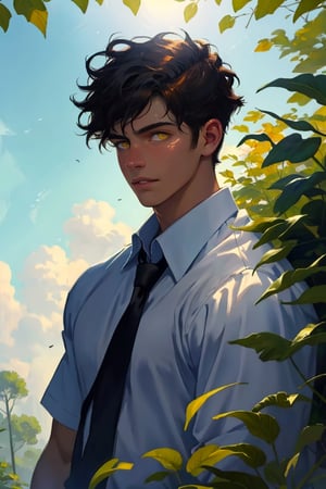 solo young boy, teenager, Greek boy, nerd, looking at viewer, hairstyled, hair flying in the wind, looking directly to the viewer, shirt, 1boy, closed mouth, white shirt, upper body, standing in mystery royal garden, collared shirt, lips, yellow eyes, wind blowing, leafs falling, plants cover body, dreamer effect, cinematic, Masterpiece,oil painting,classic painting, sunshine, sun light effection,Masterpiece