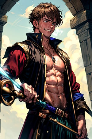 medieval clothes style, solo boy, (((age: 18 years old))), brown skin, boy, showing abs, handsome and cute boy, wizard, magician,  (((sweating))), grinning, wide-shot, depth focus solution, Magical Staff, medieval era