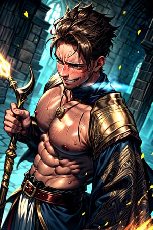 handsome and cute boy, medieval clothes style, solo boy, (((age: 18 years old))), brown skin, boy, showing muscle and abs body, wizard, magician,  (((sweating))), grinning, wide-shot, depth focus solution, Magical Staff, fighting, magical beam power shooting, medieval era