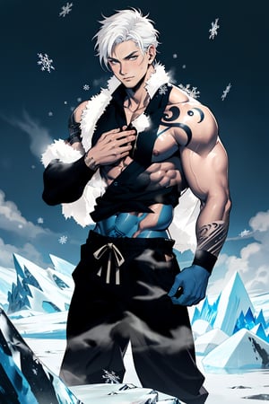 young boy, handsome and cute, none shirt, uncensord, hair styled, show seduced muscle and abs, tall, Japanese boy with black skin tone, 2D information, manga art style, white hair, both hands turning to blue stone, hands turned to ice, cold atmosphere, glacier arms, snowflake tattoos