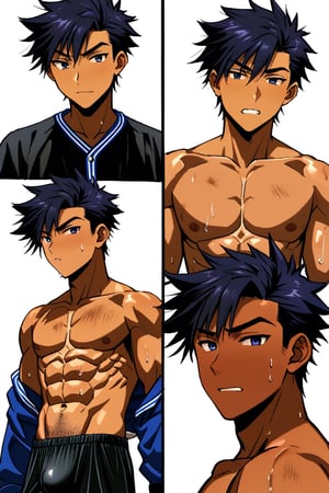 a handsome, young Japanese boy, flipped back undercut hair, ((a high school boy)), ((18 years old, abs)), ((wearing baseball uniform)), baseball player, "dirty clothes", biting marks on the body, muscle, "6-pack abs", hairy, "dark skin", ((wet big "bulge")), in the classroom, sweat_drop, sweating_profusely, posing, more detail XL,souma_yukihira,Naoto