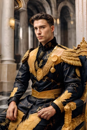 European male, Russian royalty, British royalty, royalty symbols detailed, A handsome charming prince wearing detailed detailed royalty rope, royalty suit, golden honor medals, British honor medals, muscle body, brown eyes, brown hair style, photography, at royal ball, sitting on royal throne chair with magnificent detailed, surrounded by nobles, high quality,flower4rmor, taken by Canon 6D Mark VII, color refined by Adobe Lightroom,marb1e4rmor
