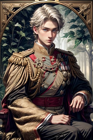 Solo young boy white hair, ancient prince, European Prince, the heir, the combination face of male royalty bloodline, (((ornate oak leaf gold embroidered strand fabric uniform))), (((botanical straight line pattern on front clothes))), "golden botanical pattern on royalty cloak", royalty symbols detailed, a handsome young boy, (((prince wearing detailed detailed royalty pattern botanical symbols))), (((royalty star-crossed medals))), (((royalty crossed medals))), royalty combination white military suit, (("and golden botanical embroidery detailed on uniform")), with the order of royalty house, with honorable medals, British honorable medals, red strand crossed over the shirt from shoulder to hip, muscle body, "brown eyes, beautiful white hair style", portrait photography, at royal garden tree, in royal garden with magnificent detailed, sitting on the well carving wood chair, depth focus portrait detailed, high quality, taken by Canon 6D Mark VII, color refined by Adobe Lightroom, vintage color enhanced, soften light created, shimmering light, dreamy, dreamy effect, old-money effected, high detail, 1 handsome young man real human skin, vivid details, (realistic, photorealistic: 1.37), a photorealistic of male model, Thick eyebrows, beautiful and thick lips, blue eyes, fantasy royalty emblems, (((super_detail_face))),1boy,nodf_lora,Npzw