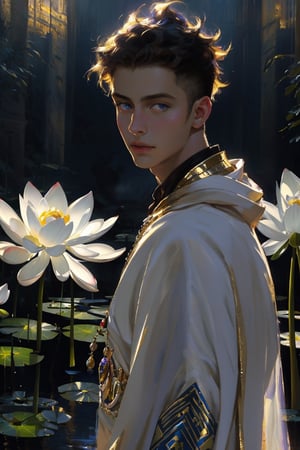 Egypt, egyptian, Solo boy, 18 years old, young boy, 1boy, brown skin, wearing blue combiantion white cloak clothes, golden powder flying in the air, long purple gown, looking at the viewer, wide open eyes, portrait, bluish eyes, solo, in the royal garden with multiple white tall lotus flowers bloomming, spiritual, foggy, mystical, shimmering,masterpiece, character focus, depth focus, best quality, high_resolution, glitters, shiny particles