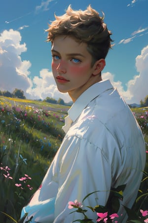 solo young boy, short hair, 1boy, cute boy, teenager boy, French boy, looking around, blue_eyes, white collared shirt, portrait, male focus, upper_body, sky, cloud, wild flowers field blooming, blushing, ((dreamy, dreamer)), shimmering, depth focus information, 