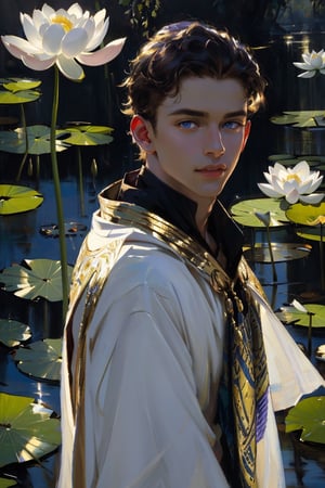 Egypt, egyptian, Solo boy, 18 years old, young boy, 1boy, brown skin, wearing blue combination white cloak clothes, golden powder flying in the air, long purple gown, looking at the viewer, wide open eyes, portrait, bluish eyes, solo, in the royal garden with multiple white tall lotus flowers bloomming, spiritual, foggy, mystical, shimmering,masterpiece, character focus, depth focus, best quality, high_resolution, glitters, shiny particles