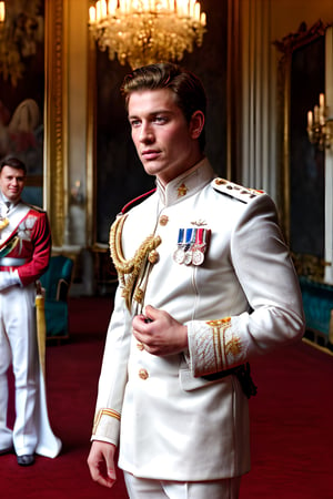 male, the combination face of British royalty bloodline, royalty symbols detailed, A handsome boy, prince wearing detailed detailed royalty symbols, royal medals, royalty red and white conoration suit, with honor medals, British honor medals, muscle body, brown eyes, brown hair style, photography, at royal ball, standing in royal throne room with magnificent detailed, depth focus detailed, surround by multiple people, high quality,flower4rmor, taken by Canon 6D Mark VII, color refined by Adobe Lightroom,marb1e4rmor,marble