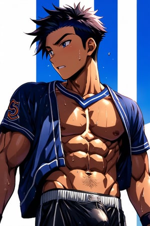 a handsome, young Japanese boy, flipped back undercut hair, ((a high school boy)), ((18 years old, abs)), ((wearing baseball uniform)), baseball player, "dirty clothes", biting marks on the body, muscle, "6-pack abs", hairy, "dark skin", ((wet big "bulge")), in the classroom, sweat_drop, sweating_profusely, posing, more detail XL,souma_yukihira,Naoto