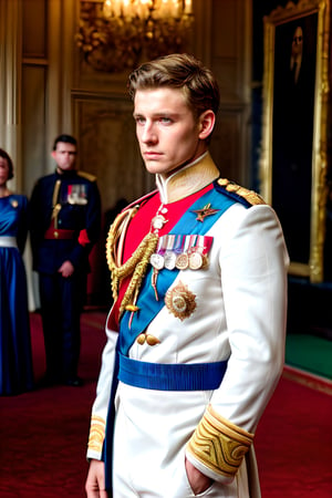 Solo male, looking straight, looking toward at viewer, royalty conoration, the combination face of British royalty bloodline, royalty flowers and feathers symbols detailed, royal protocol, A handsome boy, prince wearing detailed detailed royalty symbols red strand, royal star crossed medals, royalty red combination white military suit, rank of marine major, with honor medals, British honor medals, muscle body, brown eyes, brown hair style, photography, at royal ball, standing in royal throne room with magnificent detailed, depth focus detailed, surround by multiple people, high quality,flower4rmor, taken by Canon 6D Mark VII, color refined by Adobe Lightroom, soften color, less contrasted, marb1e4rmor,marble