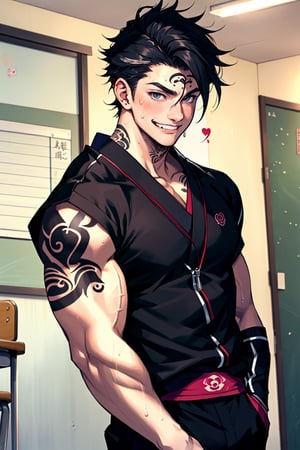 a boy, cute boy, Japanese high school uniform, muscle and abs, smiling with tounge pick out, seduced body, beautiful eyes, changing high school clothes, in the classroom, baddy, naughty boy, stylish hair, sweating after a training class, yakuza tattoos cover all over body